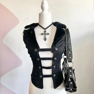 Vintage Tripp NYC Black Fur Trim Vest, Y2K Goth Emo Mall Goth Grunge Small